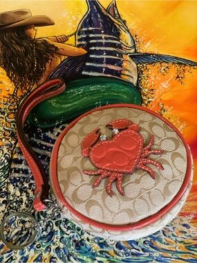 COACH Y2K Crab Signature C Coral Leather Round Coin Purse Mini Wristlet